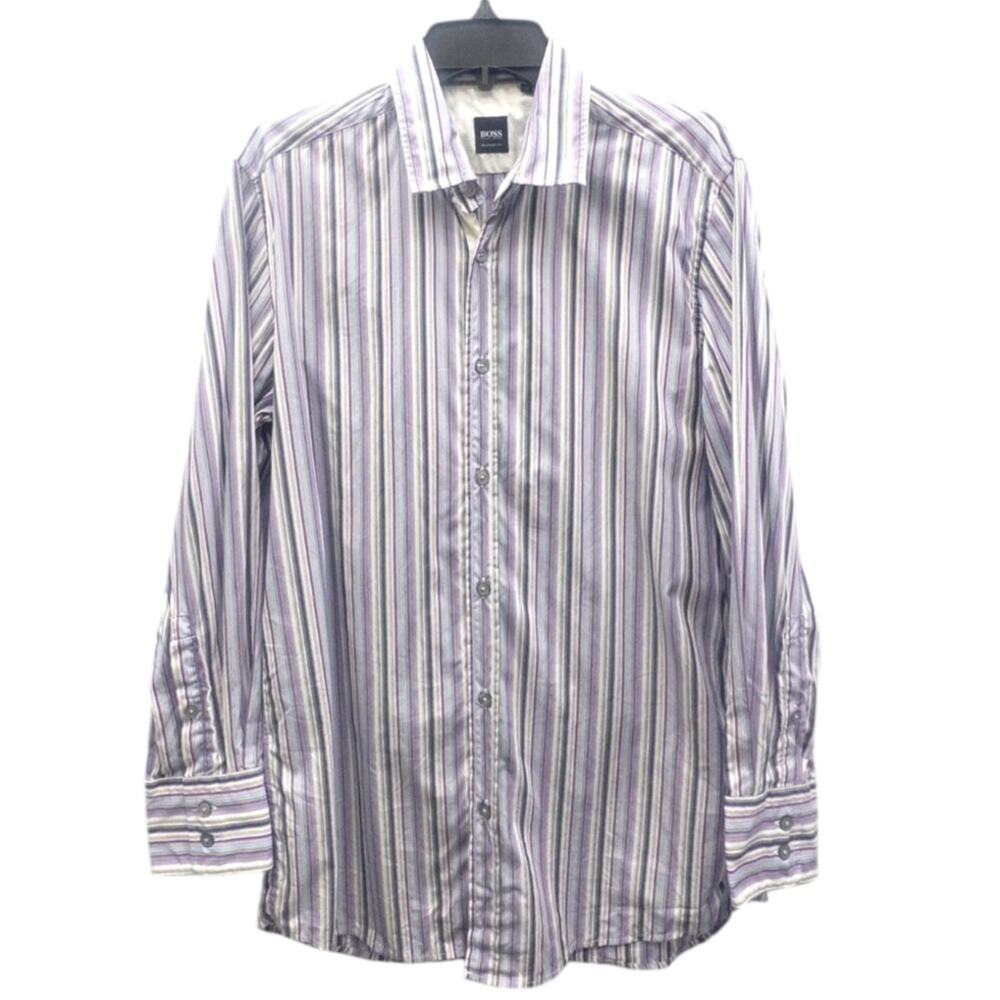BOSS Men's Striped Button Down Shirt M Lavender Long Sleeve Cotton Classic Fit